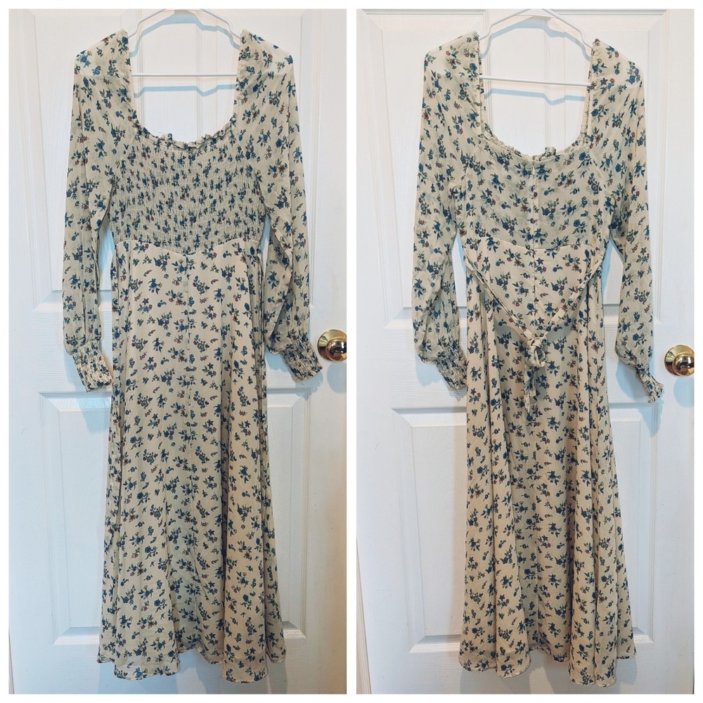 Sweet Baby Jamie Vintage Cottagecore Blue Floral Smocked Midi Dress Prairie S